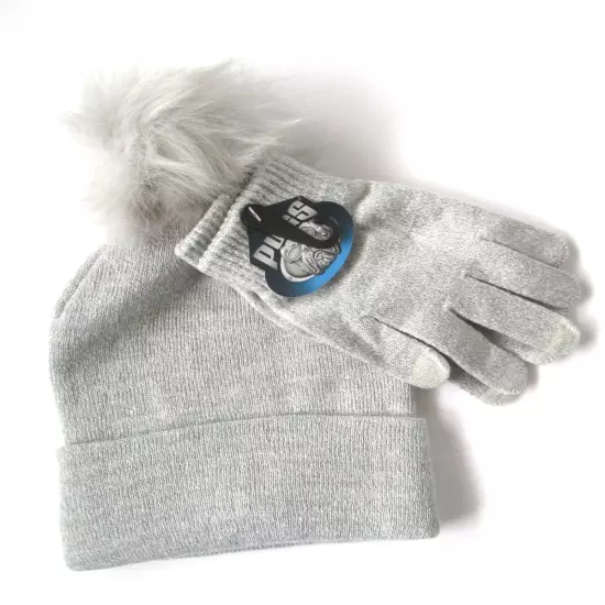 Pugs Knit Hat Glove Set Cuffed Beanie Pom Silver One Size NWT