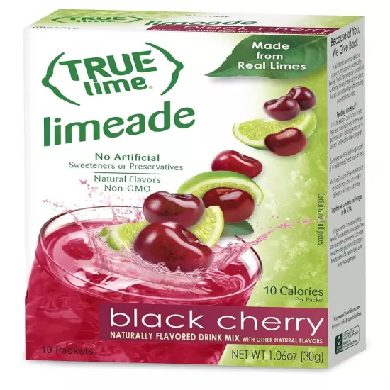 TRUE LIME Black Cherry Limeade Drink Mix 10 Packets Made from Real Limes No Pres