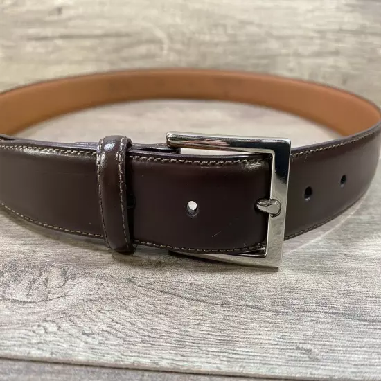 Brooks Brothers Silver Color Buckle Leather Belt Brown Size 34 Made In Italy