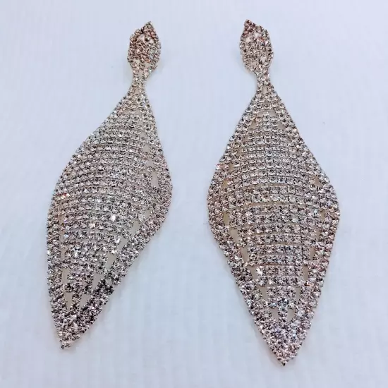 Large Silver Tone Rhinestone Dangle Pierced Earrings