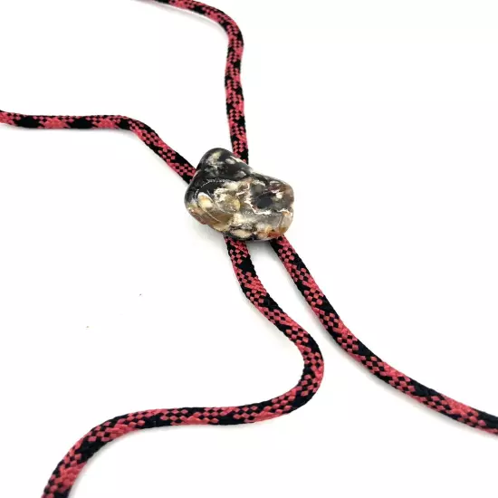 VTG Vintage Polished Jasper Stone Bolo Tie W/ Pink And Black Cord. Western Wear