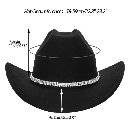 Classic Felt-Western-Cowboy-Cowgirl-Hats for Women Large Black With Rhinestone