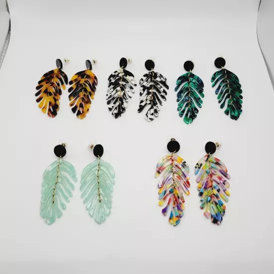 Leaf Shape Drop Dangle Earrings 5 Pair Set - Resin Acrylic Boho Women's Jewelry