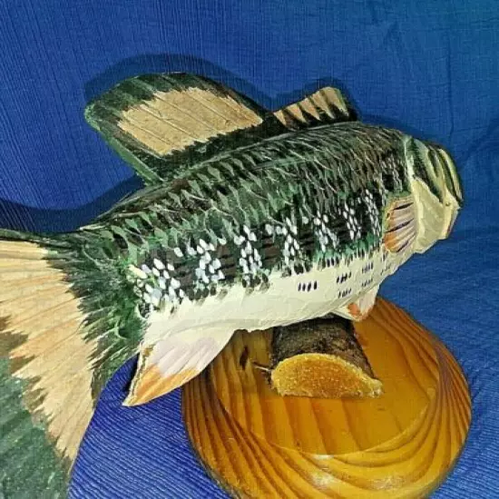 Large Mouth Bass Fish Wood Carving on Oak Base>Fine Detail Scales &Teeth Carved