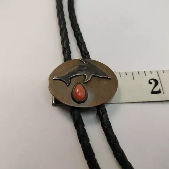 17" VTG Bolo TIE Copper Silver Dolphin Coral Black Leather Cord Lightweight 