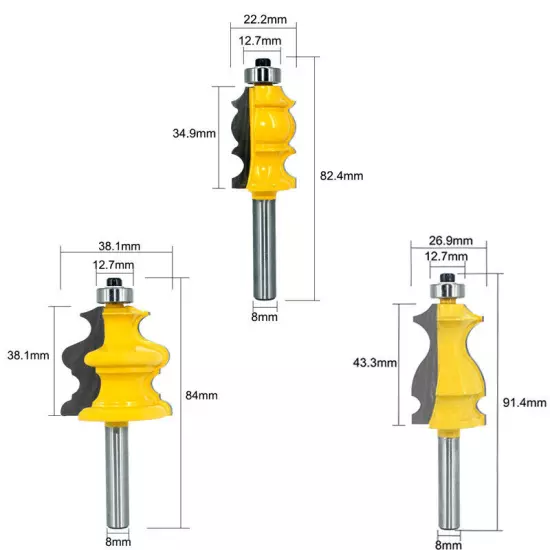 8mm Shank Architectural Molding Frame Router Bit Profile Edge Cutter 3PCS Set