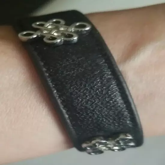 Women's Leather Bracelet Clasp Black Silver Tone Buckle 