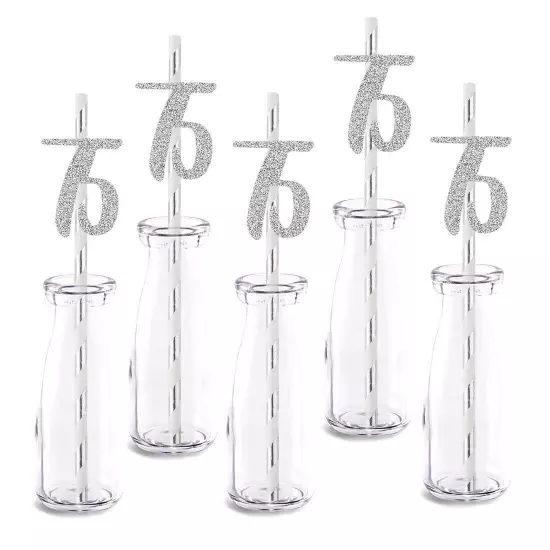 Silver Happy 75th Birthday Straw Decor, Silver Glitter 24pcs Cut-Out Number 7...