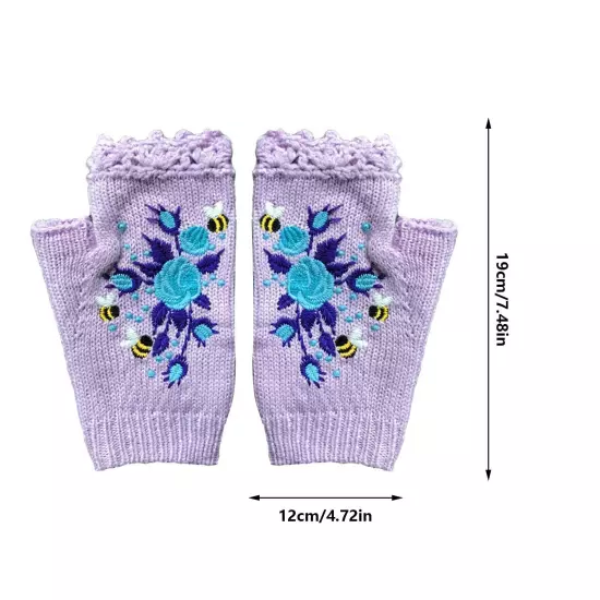 Women Handmade Embroidery Gloves Knit Gloves Flower Gloves Hand Knit Fingerless