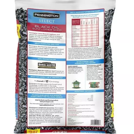 Pennington Select Black Oil Sunflower Seed Dry Wild Bird Feed, 40 lb. Bag 1 Pack