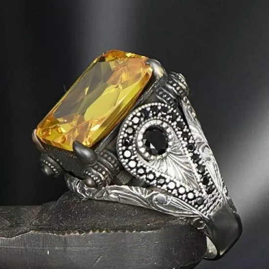 Citrine Stone 925 Sterling Silver Men's Ring Turkish Handmade Silver Men's Ring