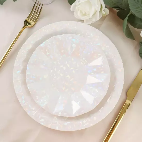 25 Pack | 7" Geometric Iridescent Dessert Appetizer Paper Plates, Disposable Sal