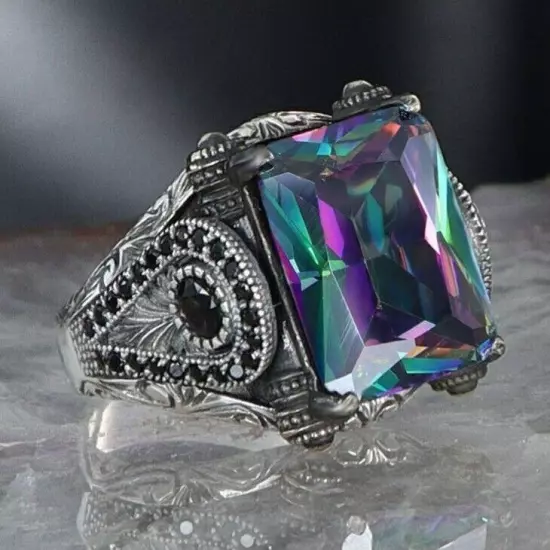 Mystic Topaz Stone 925 Sterling Silver Men's Ring Silver Men's Ring Turkish