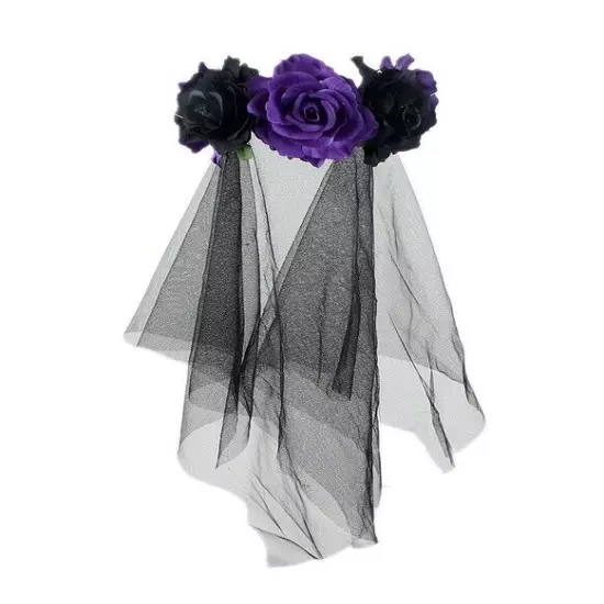 Ladies Mexican Day Of The Dead Black Veil Rose Headband Halloween Headpiece