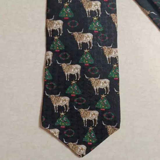 Claybrooke Christmas Tie Black Longhorn Cows Holiday Trees Silk