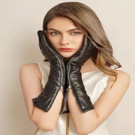 Women Winter Long Gloves Real Italy Leather Elbow Long Gloves With Zipper