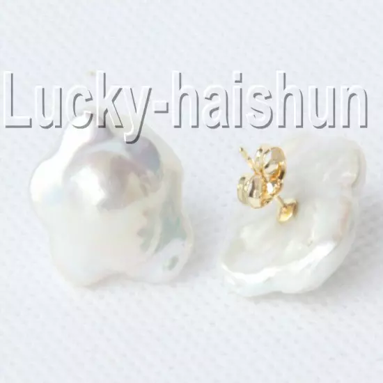 natural Stud 16mm white Reborn keshi pearls Earring 14K solid gold post j9124