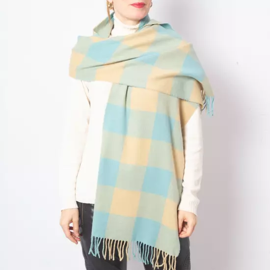 MAX MARA Lambswool Scarf Long Plaid Beige and Light Blue Winter Scarf Soft Scarf