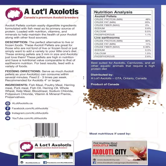 A Lot'l Axolotls - Axolotl Pellets - Carnivore Food - Sinking Fish Food - 250 g 