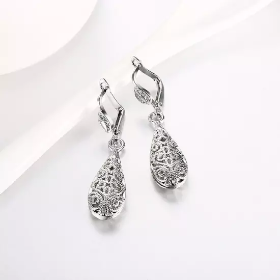 18K White Gold Filled Elegant Women Filigree Drop Earrings VINTAGE Look 