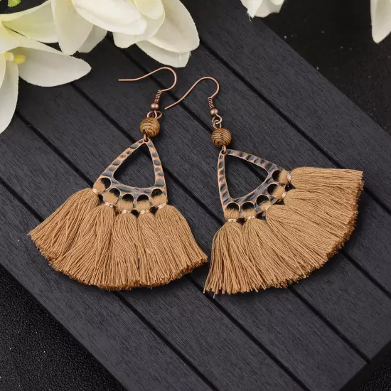 Fashion Women Bohemian Earrings Long Tassel Fringe Drop Dangle Ear Stud Jewelry