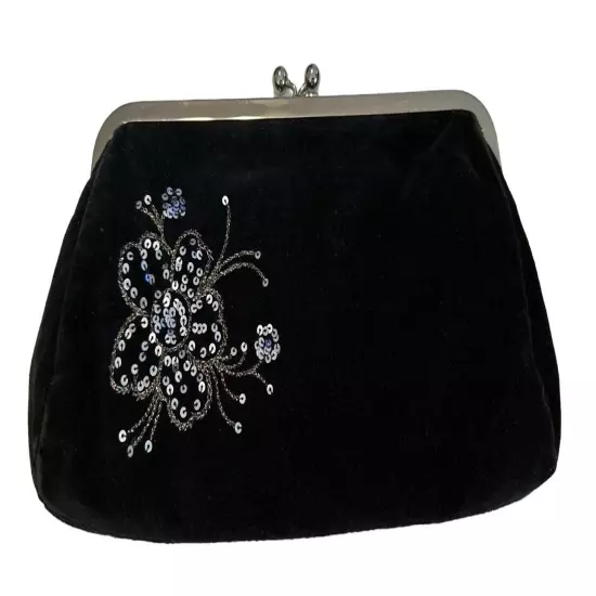 Express Beaded Sequined Clutch Purse Black Velvet Floral Beaded Appliqué New