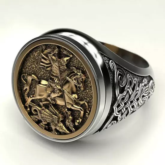 Saint George Slaying Devil Dragon Ring Roman Knight Biker Religious Gift For Men