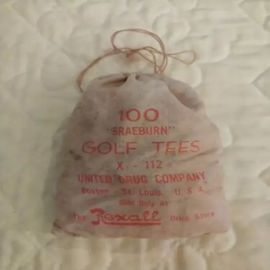 Vintage BRAEBURN GOLF TEES X-112 United Drug Co Rexall Cloth Bag & Tees 1930s