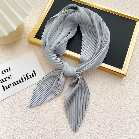 Women's Square Silk Pleated Head Hair Neck Scarf Satin Neckerchief Scarf