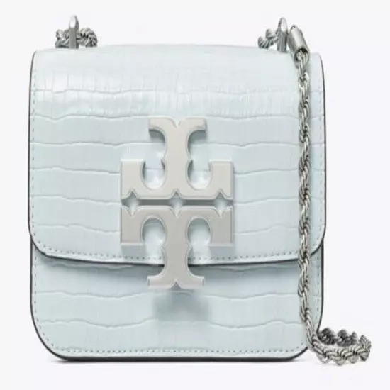 NEW TORY BURCH ELEANOR SMALL Convertible Bag croc-embossed Blue Mist Leather