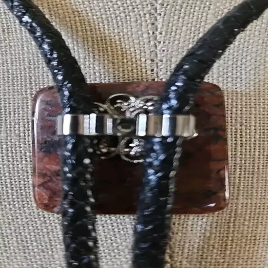 Black Bolo tie with Granite Rectangular 1.5"x1" Clasp 30 Inch Tie