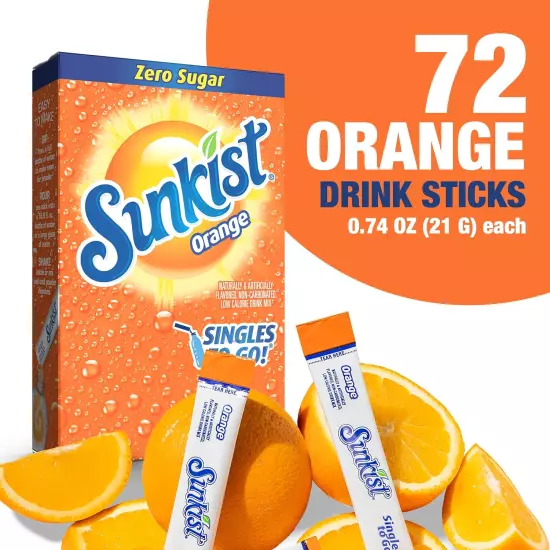 Sunkist Soda Orange Singles to Go Drink Mix, 12 Boxes with 6 Packets Each - 72