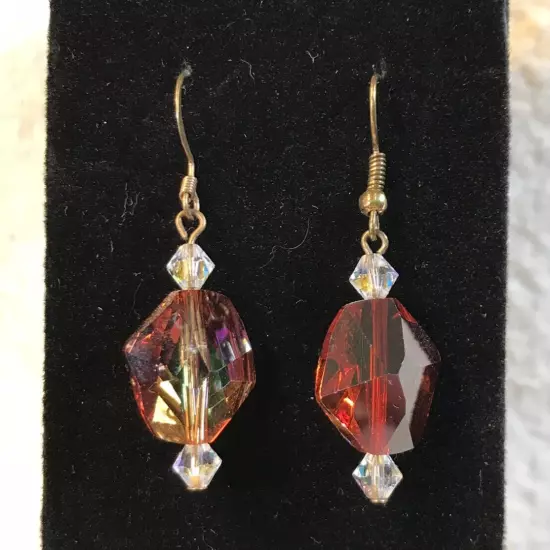 Handmade Bronze Tone 3/4" Crystal Dangle Earrings Red Orange Clear