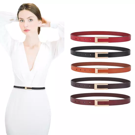 Womens Leather Belt Skinny Waist Belt for Dresses Jeans Pants with Gold Buckle