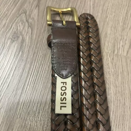 Fossil Genuine Leather Brown Woven Braided Belt Brass Buckle Men’s Size 32