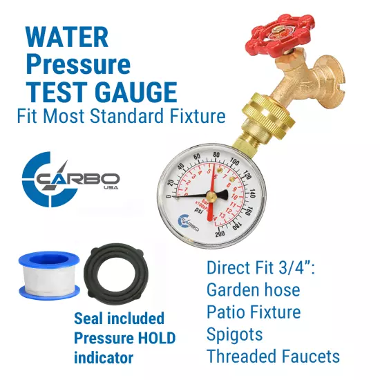 CARBO Instruments 2-1/2" Water Pressure Test Gauge 200 psi, 3/4" Female Hose 