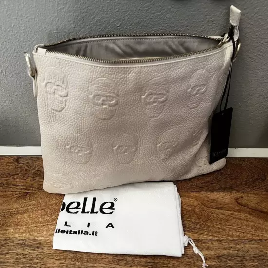 IO Pelle Italia Skull Embossed Leather Crossbody Clutch Mousse Latte 14" x 10"