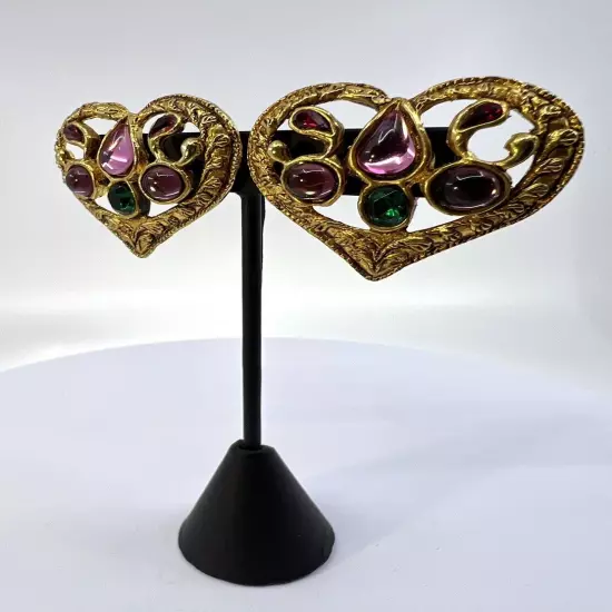 CHRISTIAN LACROIX Multicolored Glass Gemstone & Gold Tone Heart Shaped Earrings 