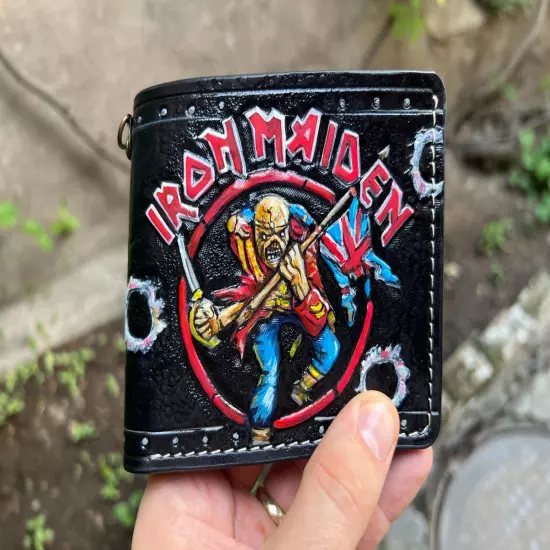 Iron Maiden Wallet, Skull With UK flag Wallet, 3D Genuine Leather Carving Wallet