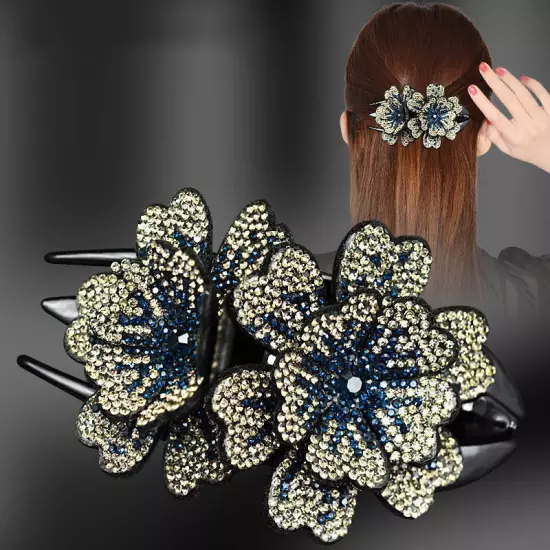 Ladies Rhinestone Double Flower Hair Clip Barrettes Crystal Comb Large Catch 1x-