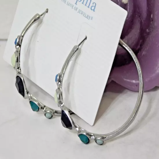 Beautiful Lia Sophia "RIVERWALK" Hoop Earrings, Silver, aqua, teal, navy , NWT