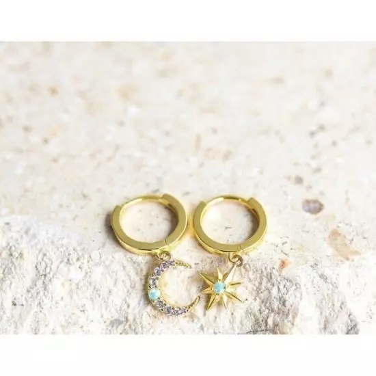 Celestial Moon Star Huggie Gold w/ Opal & Cubic Zirconia Dainty Hoop Earrings