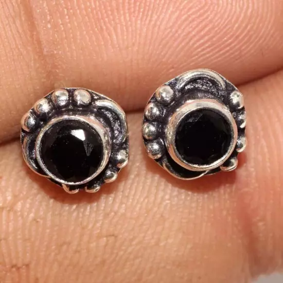 Black Onyx 925 Silver Plated Gemstone Handmade Earrings 7mm Unique Gift JW