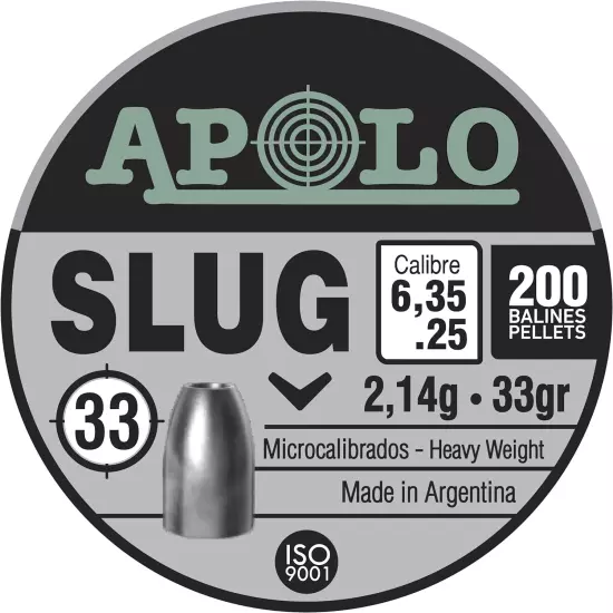 Apolo Slug Airgun Pellets, 6.35Mm, 25 Caliber, 33 Grains, E19303 Silver