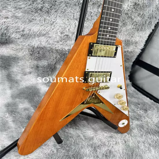 Natural Flying V Electric Guitar Accessories Mahogany Neck Gold Hardware