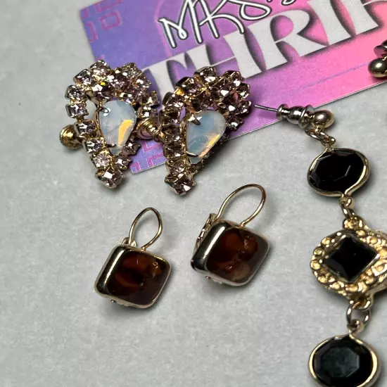 4 Pair Vintage Gold Tone Dangle Hanging Earrings Black Brown Enamel Faux Stone