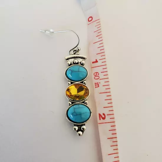 Tribal Boho Dangle Earrings Silver Tone Blue Orange Fashion Jewelry Art Deco