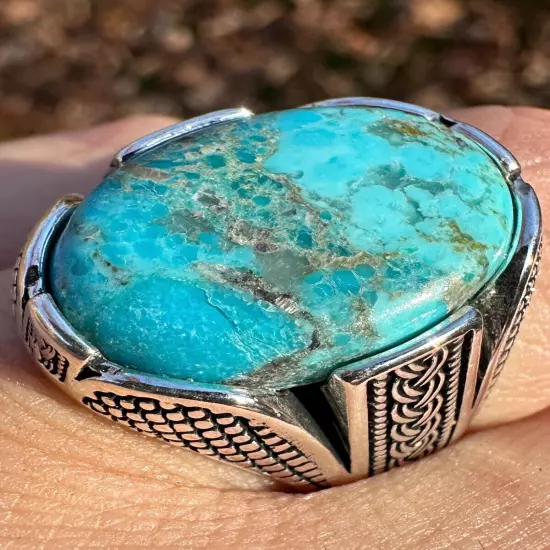 Mens Real Solid 925 Sterling Silver Blue Turquoise Natural Native Gemstone Ring