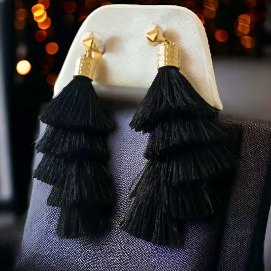 Tassel Dangle Earrings Long Witchy Black Gold Tone Lightweight Gypsy Boho Hippie