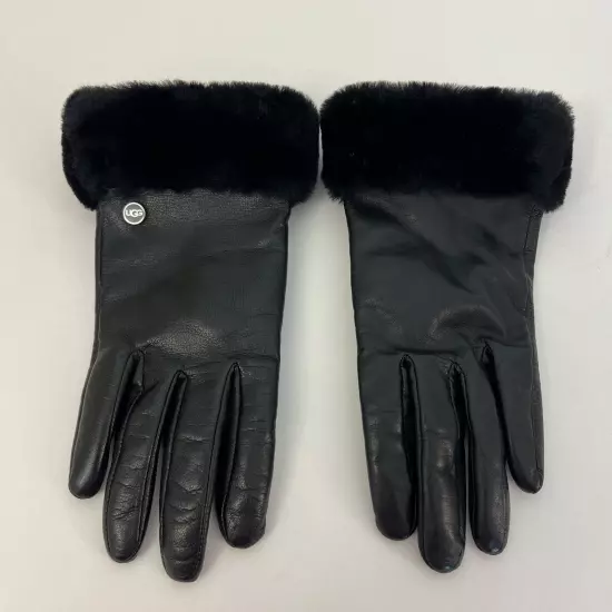 UGG Touchscreen Black Leather Gloves w/ Genuine Shearling Trim Size S